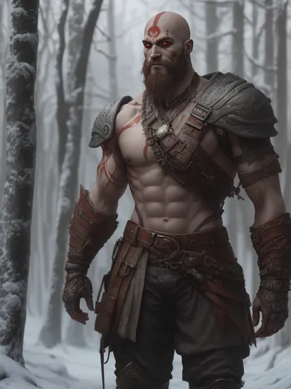 Cyberpunk kratos, kratos god of war, kratos in a cyberpunk style, winter nordic forest, futuristic environment
