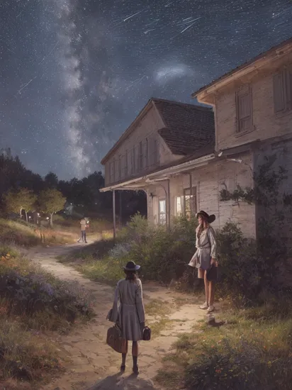 Astrophotography, Night Sky, Star Trails, Celestial Wonders ,  a woman with a silver jacket and a necklace, Protest, Social Issues, Daily Life, Culture, AI-augmented plein air painting in the style of Monet, immersive, atmospheric, landscape art, AI's outdoor artistic endeavors., Filip Hodas, edward hopper and james gilleard , pastel colors