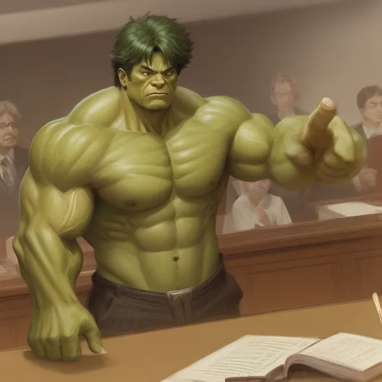 courtroom-sketch of the incredible hulk  pointing at  the judge 
