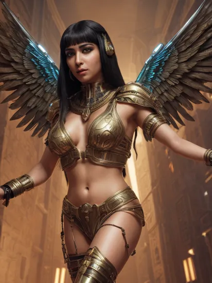 Cleopatra, Egyptian, 1woman, solo, reimagined in a cyberpunk universe, cyberpunk style, augmentation, cybernetics, mechanical glowing wings, cinematic scene, hero view, action pose, glowing eyes, Egyptian makeup, extrmely detailed eyes, beautiful 8k, masterpiece, best quality, high quality, absurdres, vivid