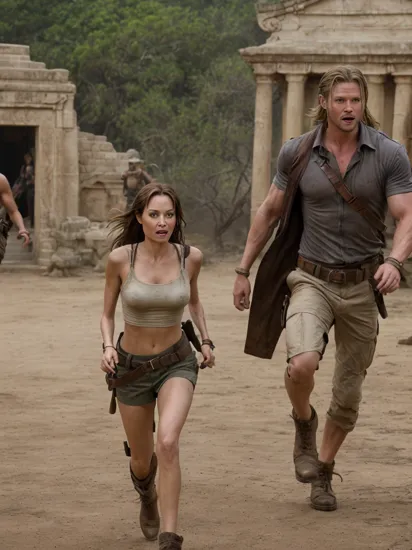 cinematic photo of  Angelina Jolie as Lara Croft and Chris Hemsworth as Indiana Jones, running out of a temple screaming, 35mm photograph, film, bokeh, professional, 4k, highly detailed, full body shot, wide angle