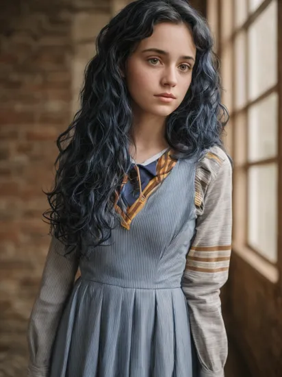 cinematic film still sexy, 1girl, beautiful face, detail face, (curly blue hair:1.1), hair with Layered long hair,  (harry potter school dress, Ravenclaw, Blue and bronze stripes:1.1), natural light, bright, indoor,     . shallow depth of field, vignette, highly detailed, high budget, bokeh, cinemascope, moody, epic, gorgeous, film grain, grainy