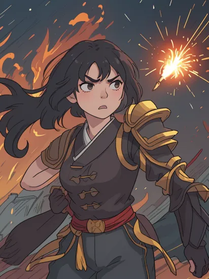 Mulan, long black hair, black eyes,armor, shoulder armor, pauldrons, pants, looking serious, angry, upper body shot, action pose, outside, china, plaza, night time, fireworks, dark, from_below, high quality, masterpiece,   