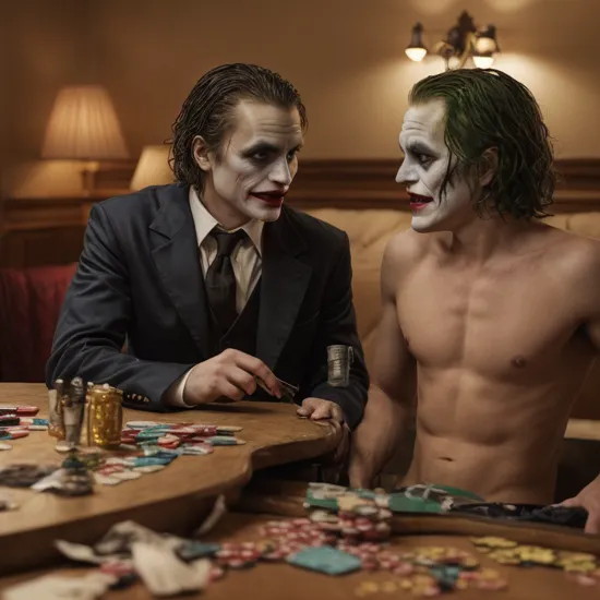 photo of batman and the joker playing strip poker, highly detailed, award-winning photo, realistic, high contrast, depth of field, perspective,cinematic lighting, golden ratio, 