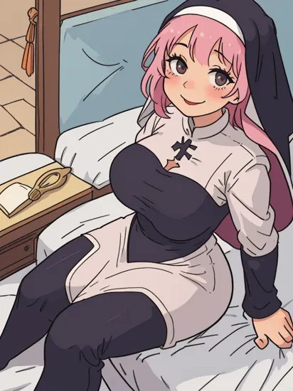 masterpiece, best quality, 1girl, solo,  rapunzeldef, nun, bodysuit, mature female, huge breasts, blush, smile, seiza, sitting, bed, bedroom
