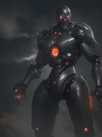 (<lyco:terminator:0.8>cyborg), (RAW photo, absurdres, high quality, photorealistic, detailed, realistic:1.3), robot (((full body action pose))), a high resolution photo of a robot, with red perfect circle glow eyes and metal shiny skull face and chrome metal body. ((metal reflex fire flames, fog, smoke and dark apocalypse background)), cinematic, atmospheric, 4k, Octane Render, photoreal, unreal engine, highly detailed, intricate detail, action, blue athmosphere,
