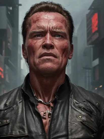 cinematic portrait of The Terminator (Arnold Schwarzenegger), his face is severely damaged and exposing his cyborg endoskeleton:2, cyberpunk hacker variant, intimidating look on his face, glowing neon eyes (red), intimidating energy, surrounded by heavy smoke, cinematic composition, ultra-detailed skin, intricate details, cyberpunk style, action background, ultra-detailed, ultra-realism, UHD, HDR, infinite ultra-resolution image quality, raytracing, subsurface scattering, cinematic, film, cinematic lighting (dramatic), cyberpunk