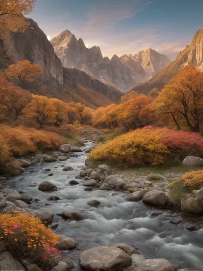 photo RAW,(autumn,sunset,mountains and a river, (flowers on foreground), 4k highly detailed digital art, 8k hd wallpaper very detailed, impressive fantasy landscape, sci-fi fantasy desktop wallpaper, 4k detailed digital art, sci-fi fantasy wallpaper, epic dreamlike fantasy landscape, 4k hd matte digital painting, 8k stunning artwork,Realistic, realism, hd, 35mm photograph, 8k), masterpiece, award winning photography, natural light, perfect composition, high detail, hyper realistic, (composition centering, conceptual photography)