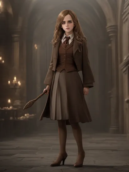 Mature Emma Watson as Hermione Granger in Harry Potter, mature 35 years old, lady wizard, high heels, sexy, hit,  bushy brown hair and brown eyes, long hair, harry potter movies style, ((detailed facial features)),(detailed face:1.2) (freckles:1.1)(cute beautiful face:1.3)(((full body))), (hogwarts on background), ((((cinematic look)))), soothing tones,intricate scene, insane details, intricate details, hyperdetailed, low contrast, soft cinematic light, dim colors, exposure blend, hdr, faded, slate atmosphere, WB studio, Intricate, High Detail, Sharp focus,
