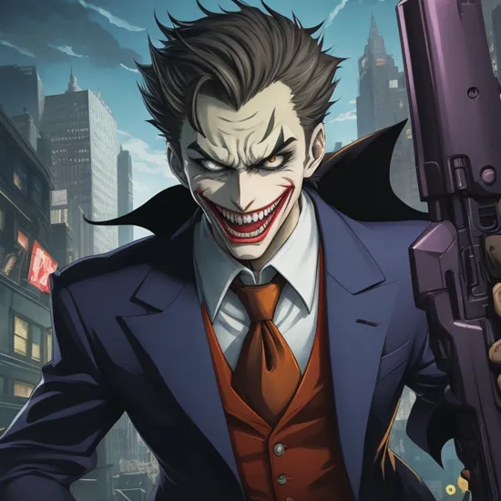 anime artwork of  
In Gotham City a cartoon of a joker holding a gun Batman The Animated Series Style, anime style, key visual, vibrant, studio anime,  highly detailed