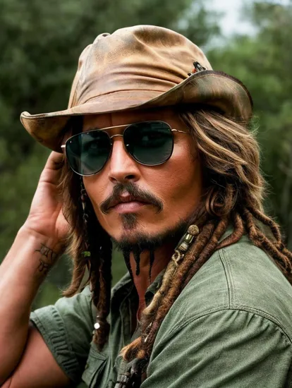Johnny Depp, Adventurous man @JohnnyDepp, rugged in a safari-style shirt with rolled-up sleeves, outdoor setting with rustic green backdrop, casual pose with sunglasses hooked in the shirt, sun-kissed lighting casts a warm glow, invoking a sense of exploration and laid-back confidence.
