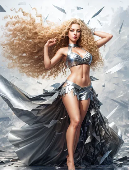 (dynamic pose:1.2),(dynamic camera),cute mythological skinny slim young goddess,(long blonde curly hair:1.3),(look to camera),(posing for photoshoot:1.2), godrays,(wind swirl floating (metal shards) on abstract volumetric background:1.3), in the style of intimacy, dreamscape portraiture,  solarization, shiny kitsch pop art, solarization effect, reflections and mirroring, photobash, (composition centering, conceptual photography), , (natural colors, correct white balance, color correction, dehaze,clarity)