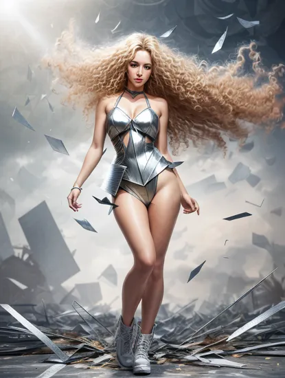 (dynamic pose:1.2),(dynamic camera),cute mythological skinny slim young goddess,(long blonde curly hair:1.3),(look to camera),(posing for photoshoot:1.2), godrays,(wind swirl floating (metal shards) on abstract volumetric background:1.3), in the style of intimacy, dreamscape portraiture,  solarization, shiny kitsch pop art, solarization effect, reflections and mirroring, photobash, (composition centering, conceptual photography), , (natural colors, correct white balance, color correction, dehaze,clarity)