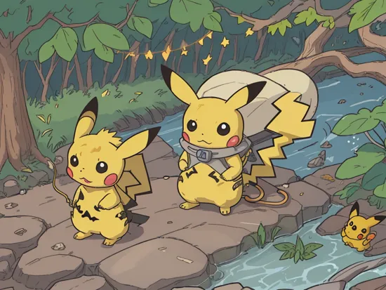 (Pikachu:1.1), (animal mecha:1.1), realistic,  mechanical tail,  cute, round shape, (metalic surface),
forest,  river, shy, multiple Pikachu, electric charge, sparkling,

