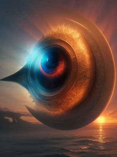 ethereal fantasy concept art of  TransformersStyle, macro photography [ : (floating eye of Sauron:1.2) : 2], calm waters, selective focus, vray tracing , fractal patterns BREAK sunset, city, magical ambient  . magnificent, celestial, ethereal, painterly, epic, majestic, magical, fantasy art, cover art, dreamy