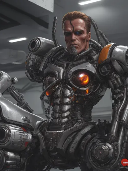 Maximalist Cyberpunk, split head and body, chrome Terminator insides inside Arnold Schwarzenegger, inside Skynet factory