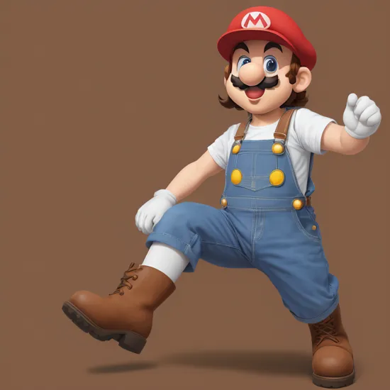 Mario \(cosplay\), solo, 1guy, full body, hat, overalls, mustache, chibi, boots, brown hair, , open mouth