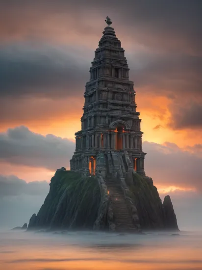 epic landscape photography, mystical sunset, dark sky, dark and moody, foggy, tack sharp focus, ancient a temple situated on a cloud-covered floating island that drifts through the sky, with a magical anchor keeping it grounded in an otherworldly location , high quality, highly detailed, 4k, cinematic lighting, orange and teal color grading