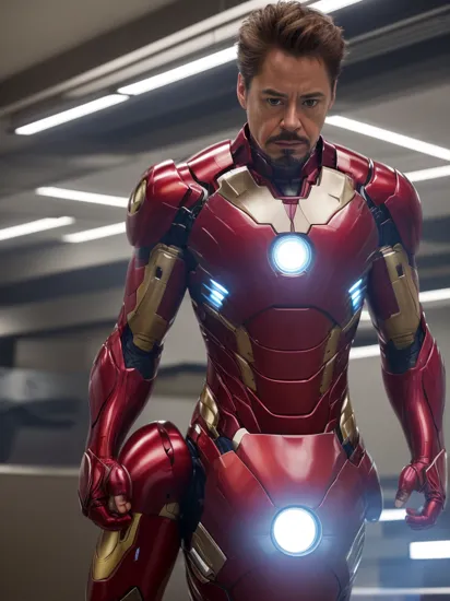 cinematic photo Heroic Photo of Tony Stark as Iron Man Suiting Up with Face Visible, in a futuristic lab, with a bright and futuristic lighting, showcasing the iconic moment of his transformation . 35mm photograph, film, bokeh, professional, shot by pieter hugo, 4k, highly detailed