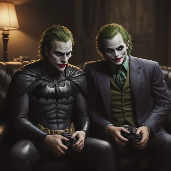 photo of batman and the joker playing video games, sitting on couch,  polaroid, highly detailed, award-winning photo, realistic, high contrast, depth of field, perspective,cinematic lighting, golden ratio, 