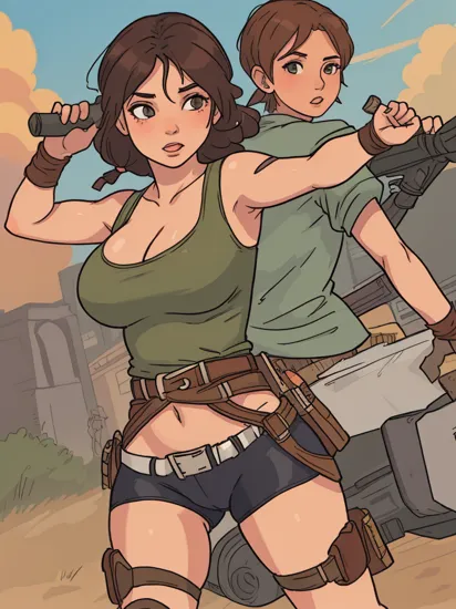 AS-Young, body of Lara Croft, Tomb Raider, huge breasts,  cameltoe pussy, bike shorts, slg, holding guns, belt, thigh holsters, leotard                