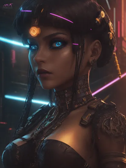 Cleopatra, reimaged in a cyberpunk universe, cyberpunk style, augmentation, cybernetics, cinematic scene, hero view, action pose, makeup, extremely detailed face, extremely detailed eyes, colorful, glowing neon lights, beautiful 8k, masterpiece, best quality, high quality, absurdres, vivid