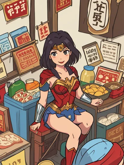 Photo of Wonder Woman sitting on top of a refrigerator, defending a local marketplace.
blurry, red lips, [smiling|mouth open], piercing gaze.

