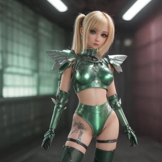 1neonStyle, ((best quality)), ((masterpiece)), (detailed), tilt-shift, macro photography, tiny fairy, blonde, skinny, slender, cyber armour, metal plates, skirt, green crop top, thigh high socks, tattoo, highlights, thick eyelashes, large cute eyes, cyber space, fantasy art, 4K resolution, unreal engine, high resolution wallpaper, sharp focus