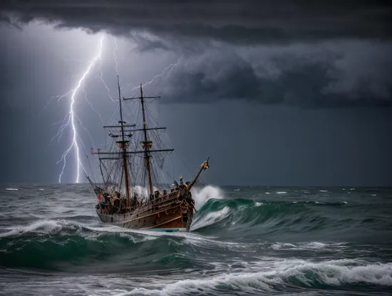 an old rickety worn out pirate ship out at sea with tethered sails. it's a sailing into a hurricane with lightning and tornadoes and waves everywhere. it is pouring down rain. it was dark and scary. there seems to be a giant monster off in the distance screaming into the black sky.