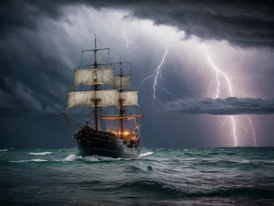 an old rickety worn out pirate ship out at sea with tethered sails. it's a sailing into a hurricane with lightning and tornadoes and waves everywhere. it is pouring down rain. it was dark and scary. there seems to be a giant monster off in the distance screaming into the black sky.