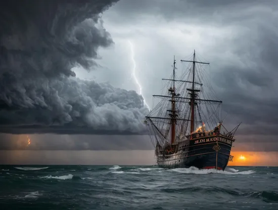 an old rickety worn out pirate ship out at sea with tethered sails. it's a sailing into a hurricane with lightning and tornadoes and waves everywhere. it is pouring down rain. it was dark and scary. there seems to be a giant monster off in the distance screaming into the black sky.