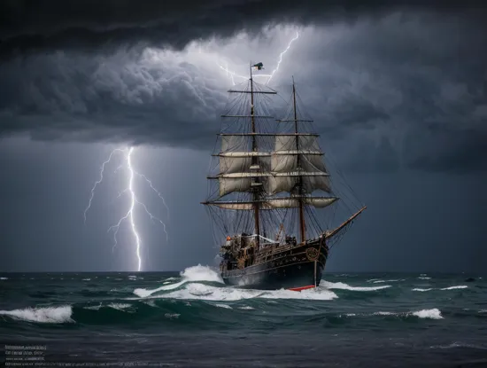 an old rickety worn out pirate ship out at sea with tethered sails. it's a sailing into a hurricane with lightning and tornadoes and waves everywhere. it is pouring down rain. it was dark and scary. there seems to be a giant monster off in the distance screaming into the black sky.