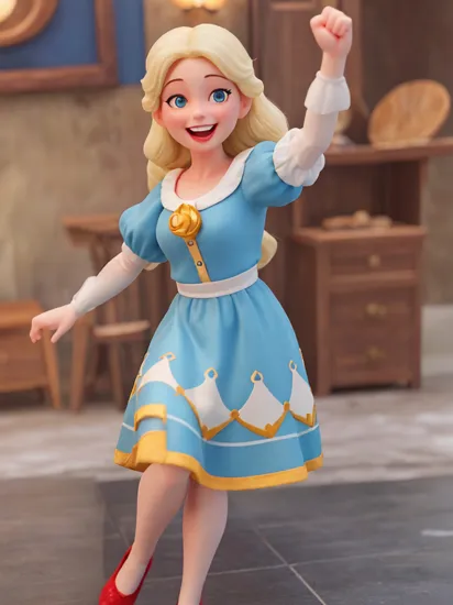 close up shot, realistic photo of a woman dressed as Snow White, blue, white, yellow, red, happy, smiling, stunny and brave, ready to fight the patriarchy, highly detailed, 8k, photorealistic, flash lighting, candid,  ,   