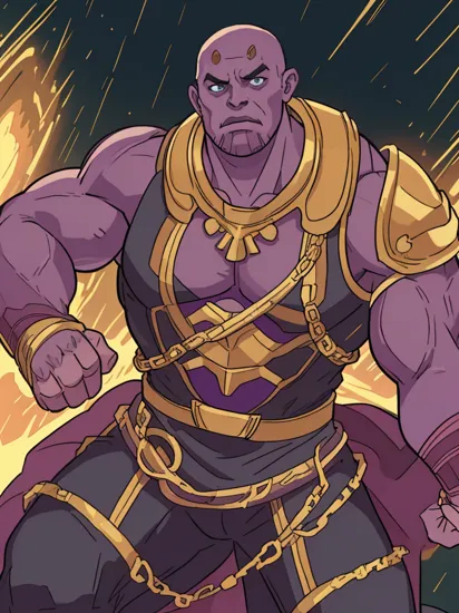 solo, masterpiece, best quality, medium shot of Thanos Purple big man, muscles, big chin, bald, golden black clothes color, armored, big metal gauntlet, marvel, fighting stance, dynamic angle