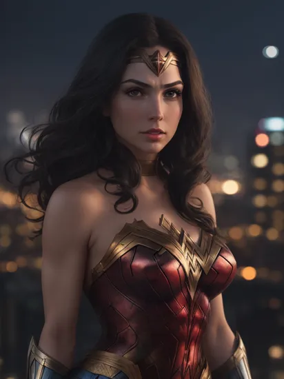 dark style cinematic close up photo of Wonder Woman . 35mm photograph, film, bokeh, professional, 4k, highly detailed . city view, buildings in the background, vibes, stunningly beautiful, crisp, detailed, sleek, ultramodern, blue night highlights, dark shadows, high contrast, cinematic, ultra detailed, intricate, professional