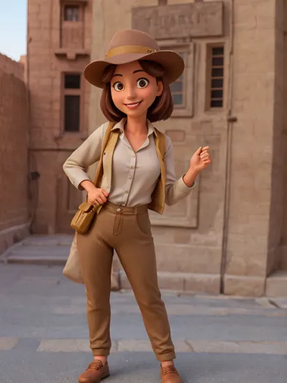 photo of (tetaar:0.99), a smiling woman, RAW, close portrait photo, dressed as Indiana Jones, button up khaki shirt, brown yoga pants, background is a street in Cairo, (high detailed skin:1.2), 8k uhd, dslr, soft lighting, high quality, film grain, Fujifilm XT3 sharp focus, f 5.6, bokeh