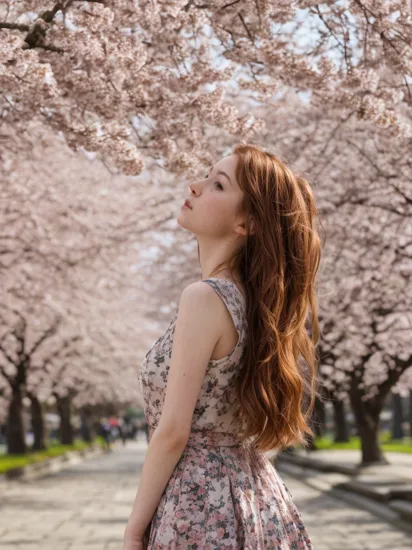 gritty raw street photography, 21 year old woman, (Chestnut hair, one side up), looking at the viewer,  at streets of ((Serene Cherry Blossom Grove in Spring)), (hyperrealism:1.2), (8K UHD:1.2),  Leica T, high key lighting, 