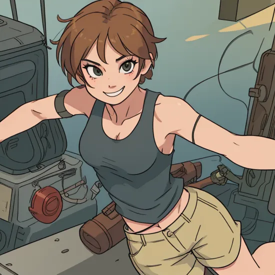 charliebo artstyle, Lara Croft, wearing tank top and shorts, beautiful, masterpiece, best quality, extremely detailed face, perfect lighting, 1girl, solo , smile   