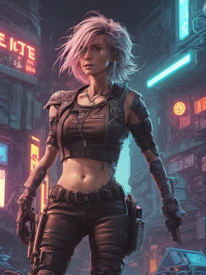 Indie game art,(Sarah Connor from Terminator, (reimagined in a cyberpunk universe), (cyberpunk style), (cyberpunk), (cyberpunk outfit), (punk hair), (augmentation), cybernetics, glowing neon lights, cinematic scene, hero view, action pose, beautiful 8k, detailed background, masterpiece, best quality, high quality, absurdres, vivid.), (Vector Art, Borderlands style, Arcane style, Cartoon style), Line art, Disctinct features, Hand drawn, Technical illustration, Graphic design, Vector graphics, High contrast, Precision artwork, Linear compositions, Scalable artwork, Digital art, cinematic sensual, Sharp focus, humorous illustration, big depth of field, Masterpiece, trending on artstation, Vivid colors, trending on ArtStation, trending on CGSociety, Intricate, Low Detail, dramatic,