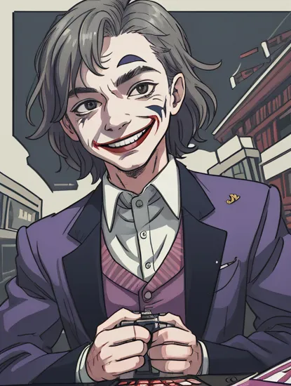 joker in the style of 0mib, illustrator, masterpiece, high quality, 8k, high resolution, high detailed, smile