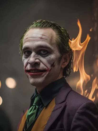 dark and gloomy, 8k, a close up photo of Chris O'Dowd as (the joker) with flames behind him , lifelike texture, dynamic composition, Fujifilm XT2, 85mm F1.2, 1/80 shutter speed, (bokeh), high contrast 