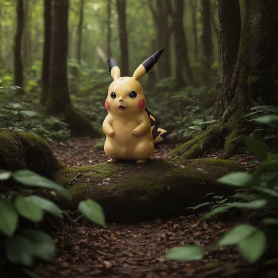 cinematic photo still of pikachu in a dense forest, highly detailed, bokeh, cinemascope, film grain, battle, pokemon, pikachu, hyper realism 