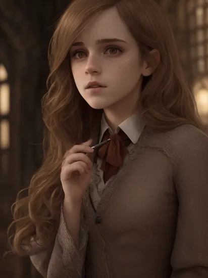 Emma Watson as Hermione Granger in Harry Potter, mature 35 years old,(smoking a cigarette:1
2), high heels, sexy, hit,  bushy brown hair and brown eyes, long hair, harry potter movies style, ((detailed facial features)),(detailed face:1.2) (freckles:1.1)(cute beautiful face:1.3)(((full body))), (hogwarts on background), ((((cinematic look)))), soothing tones,intricate scene, insane details, intricate details, hyperdetailed, low contrast, soft cinematic light, dim colors, exposure blend, hdr, faded, slate atmosphere, WB studio, Intricate, High Detail, Sharp focus,