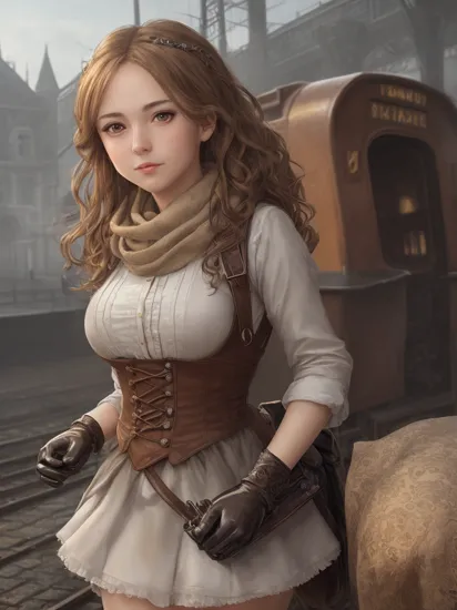 tcg artwork,[trading card game art], realism, perfect rendered face,((best quality)), ((masterpiece)), ((realistic)), (detailed),[hermione granger:minerva mcgonagall:0.5] rim light, vivid, 1girl, in a victorian dress , (((shiny eyes, shiny skin))),detailed face, travelbags, scarf, toned legs, large breasts, elbowlength gloves, train station in background, fog, steam , (detailed) ,((best quality)), ((masterpiece)), ((realistic)), (detailed),pixiv contest winner, absurdres, 15 mm, ,