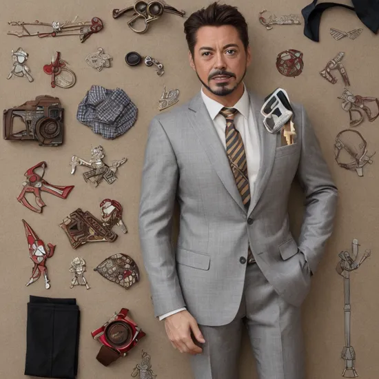 masterpiece,A cartoon-style paper doll of Tony Stark, dressed in a sleek, modern suit with a charismatic smile. The doll set includes additional accessories: a set of Iron Man armor pieces, detailed and vibrant, allowing for a transformation from business mogul to superhero. Alongside the armor, there are two more playful accessories - a realistic-looking hamburger and a glass of whiskey, capturing Tony's indulgent and carefree side. Each accessory is crafted to fit seamlessly with the paper doll, offering a range of storytelling and display possibilities,  