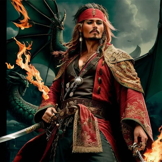 Johnny Depp, Dragon’s wrath @JohnnyDepp, green-haired warrior, ((traditional robe with dragon embroidery)), piercing gaze, standing tall with katana, background ablaze with dragon imagery, embodiment of power and authority, earring detail, commanding presence, anime style with rich red and black tones.