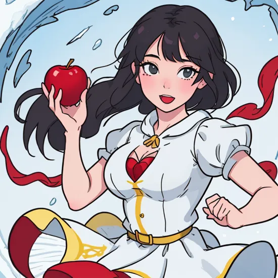 Snow White disney movie ,disney artwork,  upper body, super detailed face, beautiful , looking at viewer, open_mouth, porn, nsfw, small boobs, small tits [boobs size : 0.2], detailed eyes, black hair, holding red apple, wearing snow white yellow dress4k, high quality