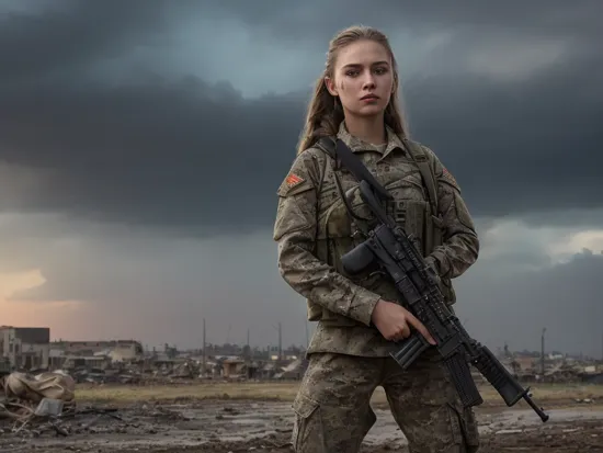 a photography at night of a battleground with 1 stunningly gorgeous 20 years old woman from the army holding a riffle standing face of the camera, (masterpiece:1.3), front picture, braids on 1 side, messy hair photorealistic, (full body in the picture:1.2), panorama, landscape, photography, best quality, night shot, intricate details, perfect detailed face, gray, black, incendie in the background, contrast, depth, texture, detail, clutter and mess everywhere, downtown, destroyed city, destroyed buildings, black smoke in the background, very serious face, very menacing face, (Magnificent sky at dusk:1.5), woman face, dark clouds, field full of corpses in the background, (long hair:1.1), (blond hair:1.3), stunning blue eyes, sharp eyes, (modern military clothes:1.2), (camo clothes:1.2), (fully dressed:1.2), (riffle in hands:1.2), (stains of dirt and blood on her body and face:1.2), industrial, gloomy ambiance, composition, light, shadow, reflection, refraction, vanishing point, horizon line, focal point, (Ukrainian flag laying on her shoulders), epic, dramatic