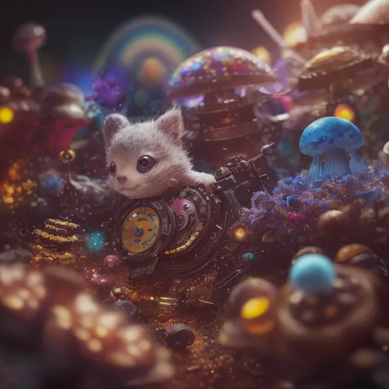 cinematic film still ((studio shot of a cute creature from out of space playing in synthesizer)), background of rainbow mushrooms, organic patterns, Alien Flora, Miki Asai Macro photography, close-up, hyper detailed, trending on artstation, sharp focus, studio photo, intricate details, highly detailed, psychedelic art    PsyAi . shallow depth of field, vignette, highly detailed, high budget, bokeh, cinemascope, moody, epic, gorgeous, film grain, grainy