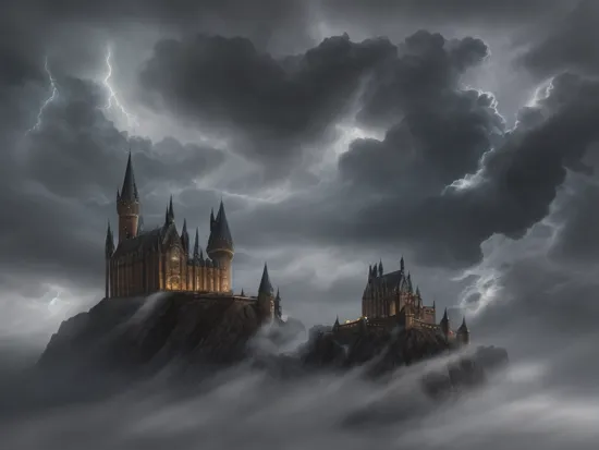 A mystical realm of art, with a palace of Harry Potter at its center, illuminated by a stormy night sky and surrounded by a swirling cloud of ghostly smoke.